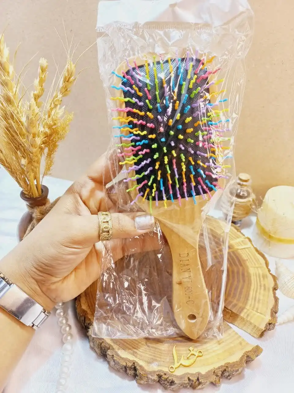 برس مو بامبو دندانه پلاستیکی رنگی مربعی سایز بزرگ دیانی DIAN YI کد 601C