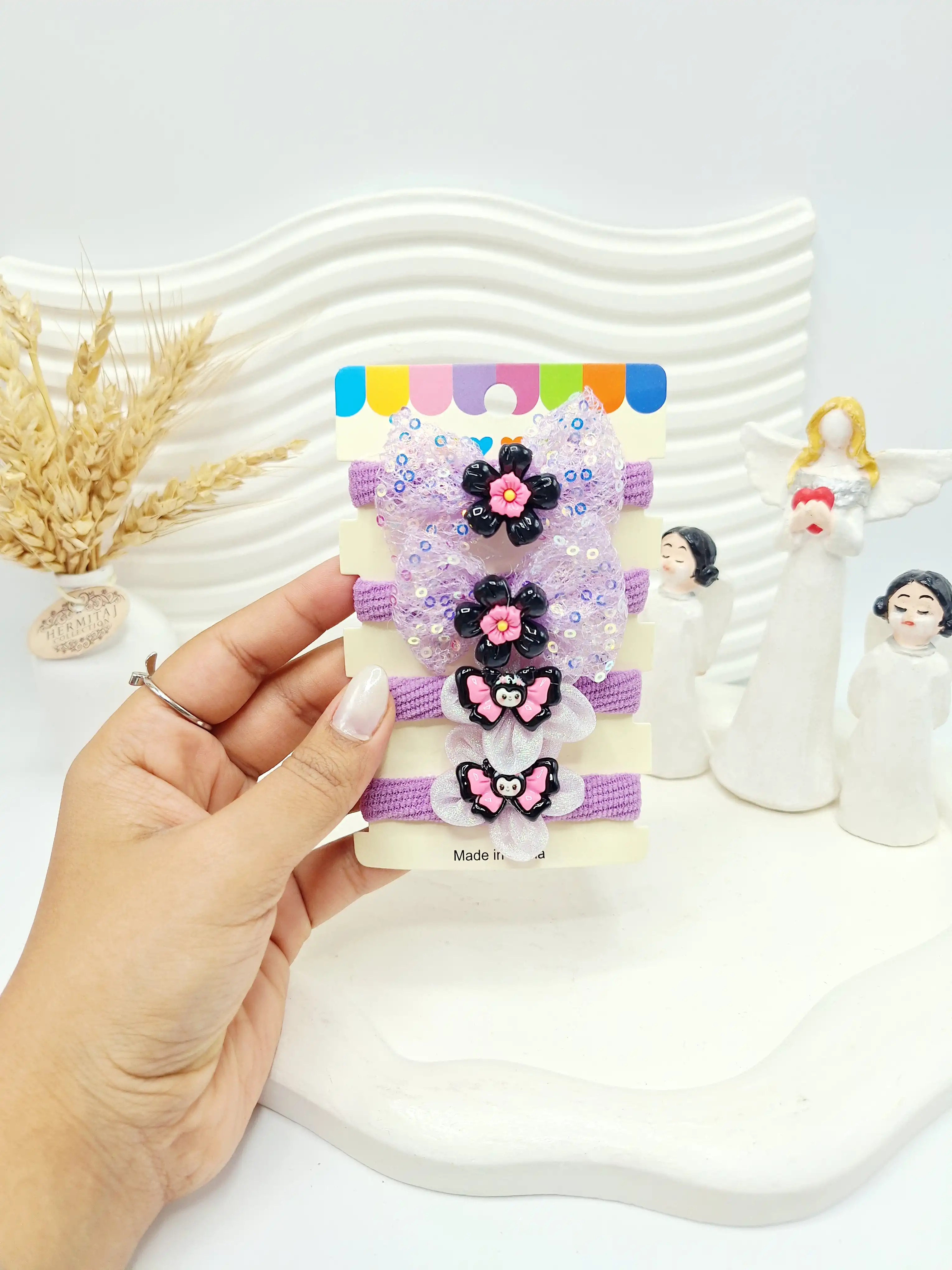 ست کش مو 4 عددی طرح کرومی بنفش