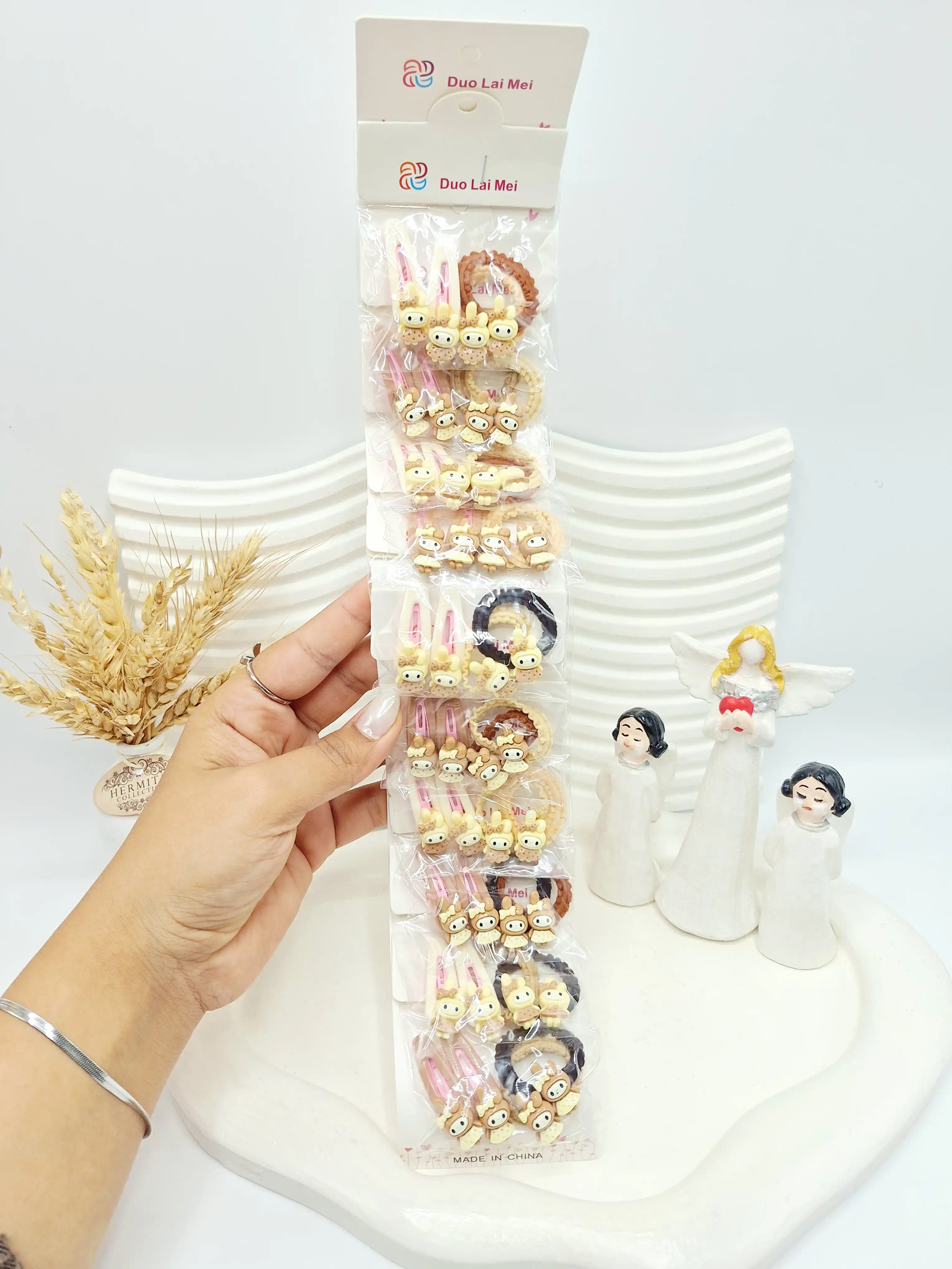 ست 10 تایی کش و پنس مو دخترانه کرومی رنگ کرم