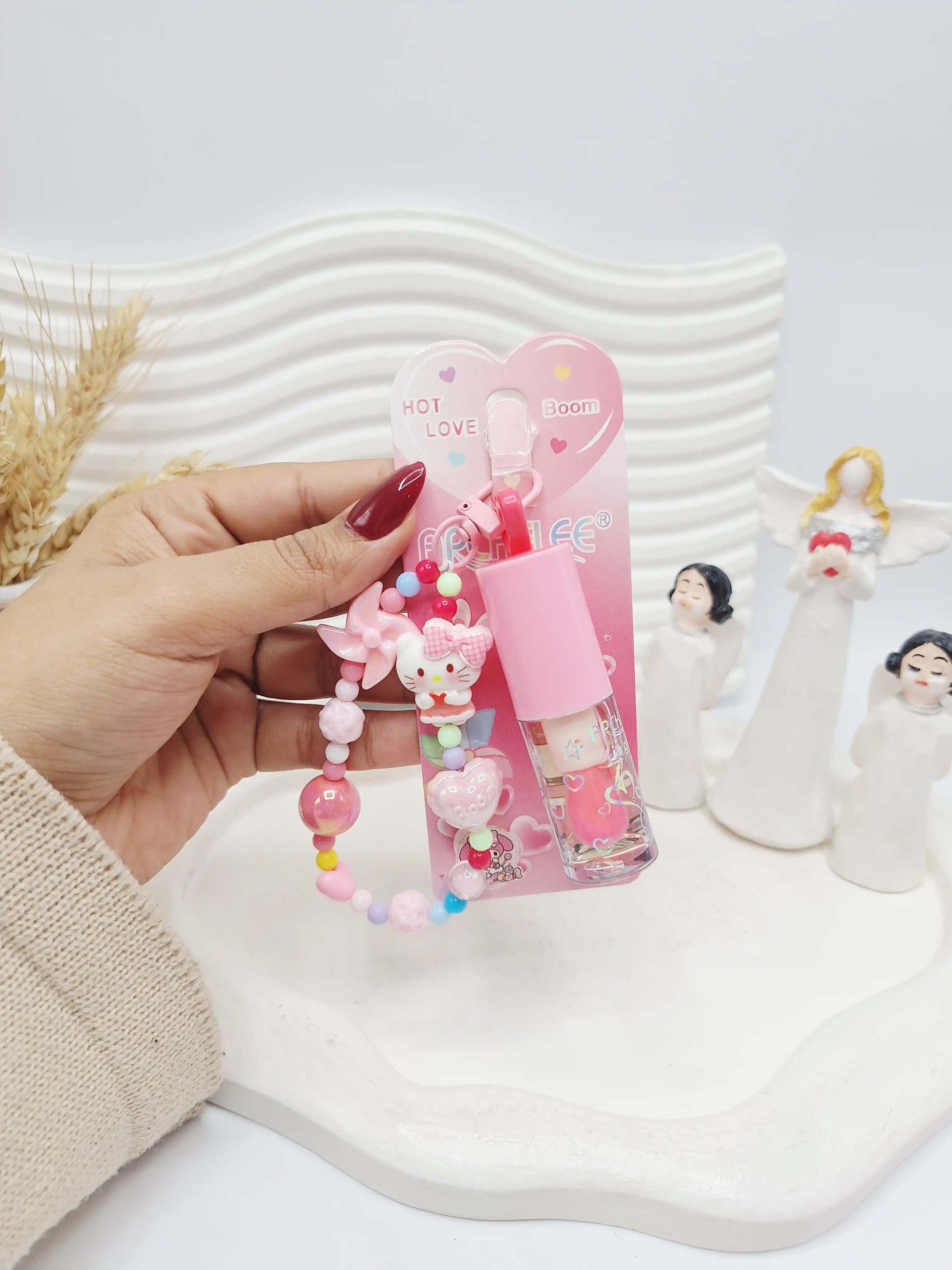 ست لیپ گلاس حرارتی آویز دار کرومی به همراه دستبند برند APCKFLEE کد 028