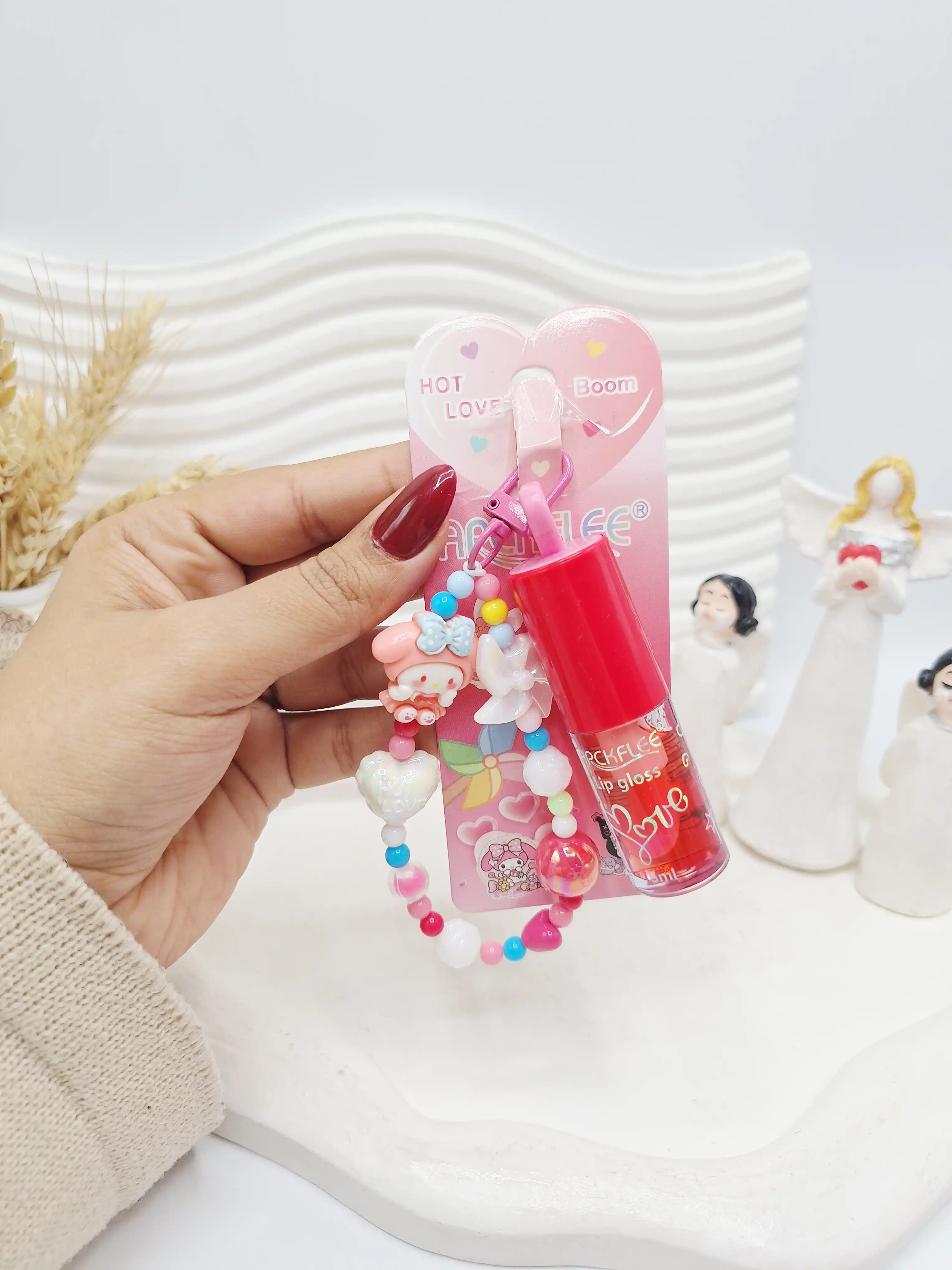 ست لیپ گلاس حرارتی آویز دار کرومی به همراه دستبند برند APCKFLEE کد 028